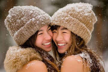 Happy twin sisters embracing in snowy forest; winter joy, holiday card