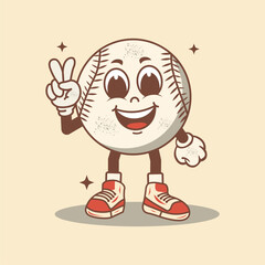 Vector illustration of cartoon character, retro baseball with funny face, and cheerful