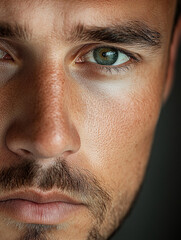 Close-up portrait of a man with striking green eyes