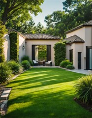 Fototapeta premium house in the garden, Backyard with lush green grass on sunny day, closeup. Gardening and landscaping