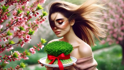 nowruz nowrooz Iranian girl woman holding wheat grass sabzeh Persian new year, greeting card, spring blossoms horizontal background wallpaper, zan zendegi azadi, woman life freedom