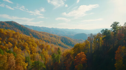 Fototapeta premium Autumnal mountain vista, scenic overlook, vibrant foliage, clear sky, tranquil landscape; perfect for travel brochures