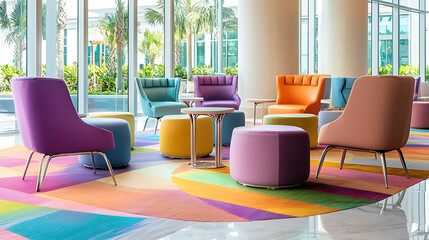 Vibrant workspace interior featuring colorful seating and modern design elements. lively atmosphere encourages creativity and collaboration
