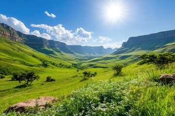 Fototapeta premium Panoramic view of a rich green valley, mountain backdrop under clear blue skies