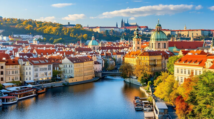 Obraz premium Autumnal Prague cityscape Vltava River, colorful buildings, Prague Castle backdrop; travel tourism