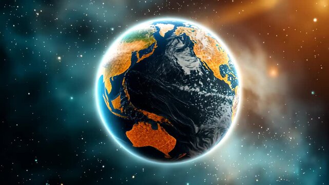 A surreal composition depicting a digitally altered image of planet Earth, showcasing intricate geometric patterns and vibrant color gradients