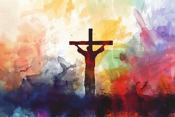 Vivid representation of crucifix illuminated by abstract colorful brushstrokes.