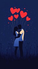 Minimalist Valentine’s Day Card with Loving Couple, Red Heart-Shaped Flowers, Flat Vector Design, Romantic, Cute, Modern Illustration