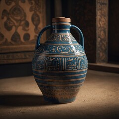 A ceramic water bottle styled like ancient pottery in a museum setting.