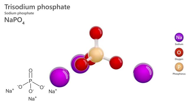 Trisodium Phosphate. E339. Animated 3D model of a molecule. Molecular formula: Na3PO4. Chemical model: Ball and stick. White background. 3D rendering. Seamless loop.