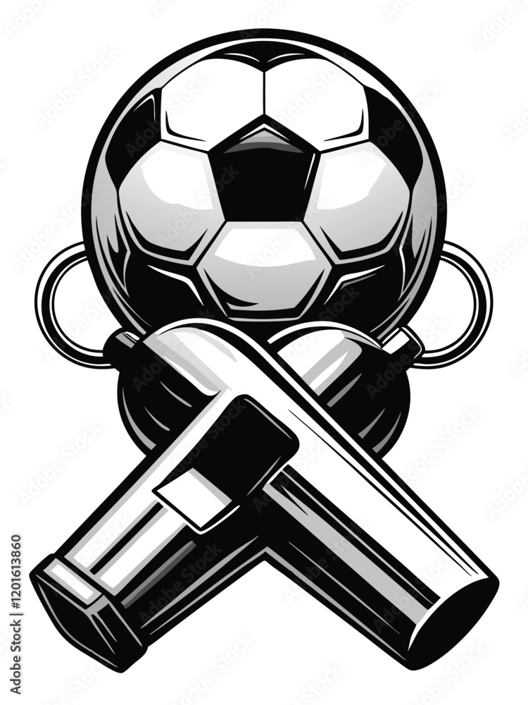Poster create a vector illustration of a whistle and a soccer ball, both in vibrant colors, positioned dyna