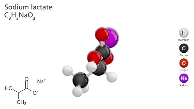 Sodium Lactate. E325. Animated 3D model of a molecule. Molecular formula: C3H5NaO3. Chemical model: Ball and stick. White background. 3D rendering. Seamless loop.