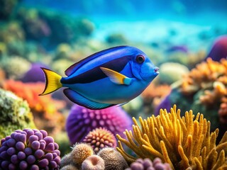 Vibrant Blue Tang Fish Swimming in Crystal Clear Tropical Ocean Water - Underwater Scene