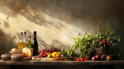 Fototapeta premium A Vibrant Display of Fresh Produce and Bottles Against a Rustic Background, Perfect for Food Photography, Recipes, and Culinary Arts