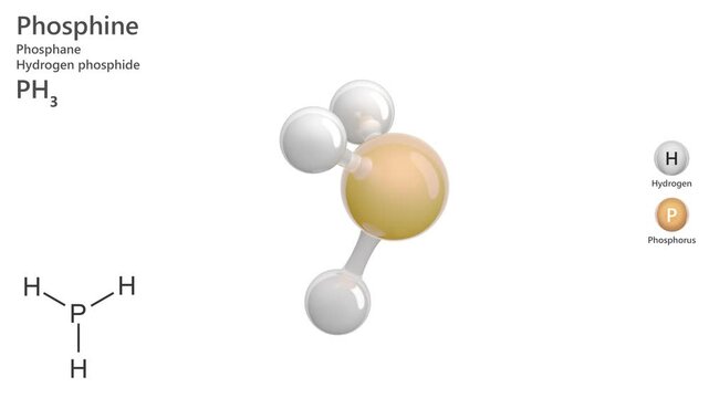 Phosphine. Animated 3D model of a molecule. Molecular formula: PH3. Chemical model: Ball and stick. White background. 3D rendering. Seamless loop.