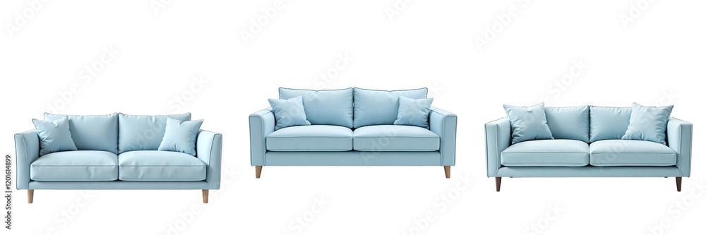 Poster simple light blue sofa with soft cushions is a key element in modern living room decor concepts isol