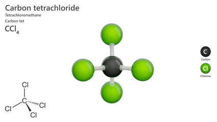 Molecule: Carbon Tetrachloride. Solvent. Molecular structure. Formula: CCl4. Chemical model: Ball and stick. White background. 3D illustration.