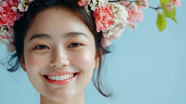 A woman with a flower headdress is smiling. She has a very pretty face and is wearing a pink flower headdress