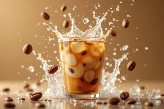 refreshing coffee cocktail with ice cubes, banner concept