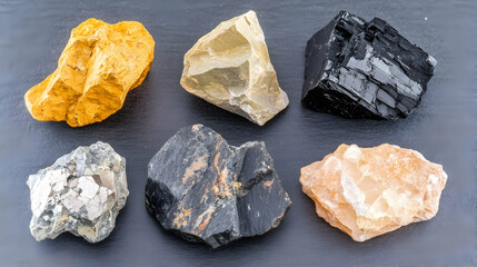 Naklejka premium Colorful mineral specimens arranged on dark surface; geology, science, education, collection