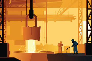 A detailed illustration of a steel mill interior showcasing a molten steel furnace, highlighting the glowing molten metal, sparks, and industrial machinery.