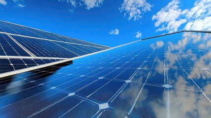 Solar Panels Reflecting a Bright Blue Sky with Scattered Clouds on a Sunny Day