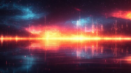 Naklejka premium Vibrant cosmic landscape with colorful reflections on water, evoking a sense of tranquility and wonder