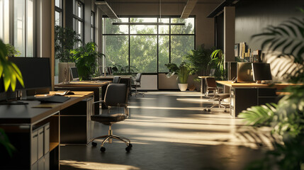 The image depicts an empty office with desks and computers, bathed in warm, natural sunlight, suggesting a focus on well-being and nature. Lush plants add a calming, green aesthetic to the space