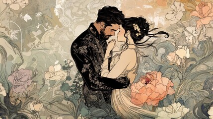A couple in an elegant embrace, illustrated in Art Nouveau style with flowing lines and floral motifs, in a 16:9 aspect ratio