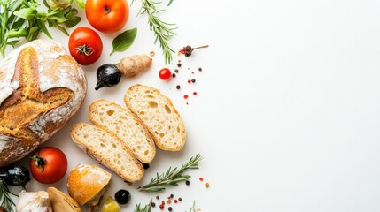 Obraz premium Freshly Baked Bread with Assorted Vegetables and Herbs Arranged on a White Background Ready for Culinary Creations and Healthy Meal Preparation