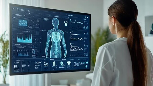 Female doctor looking at futuristic medical screen analyzing human body scan data showing nervous system, bones, and organs in modern clinic or hospital