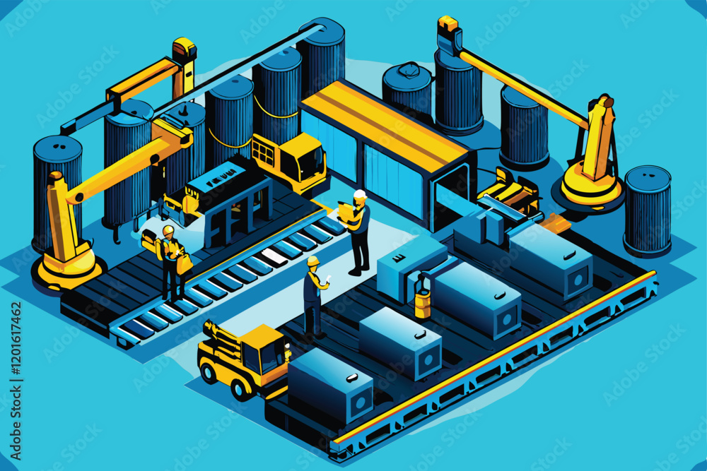Poster isometric vector illustration of a bustling factory floor, showcasing a complex production line with