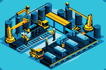 Isometric vector illustration of a bustling factory floor, showcasing a complex production line with automated machinery, conveyors, and workers operating robots.