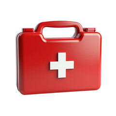 Obraz premium Emergency Preparedness: A vital red first-aid kit, prominently displaying the iconic white cross, stands ready for immediate action. Ensuring safety and well-being., cut out,transparent background