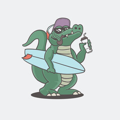 Funny cartoon crocodile holding a surfboard. Vector illustration

