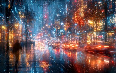 Rainy night city street, vibrant lights, blurred motion.