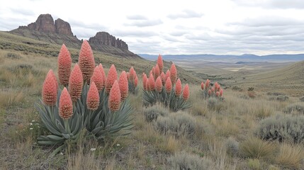 Pink flowers blooming in arid landscape, mountains background, nature scene, stock photo