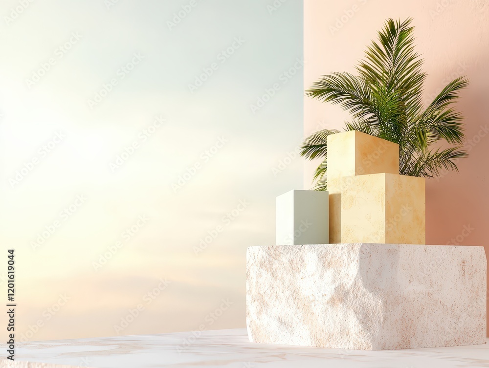 Poster modern minimalist display with geometric shapes and greenery against a soft sunset background in a s