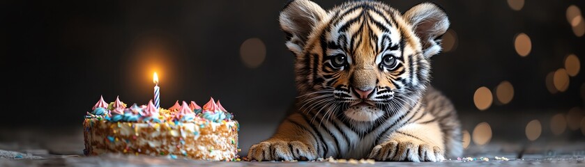 Obraz premium A cute tiger cub sitting next to a colorful birthday cake with a lit candle