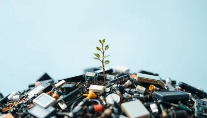 Fototapeta premium Life Finds a Way: A small, resilient plant pushes through a heap of discarded electronic components, symbolizing the potential for renewal and growth even amidst technological waste. 