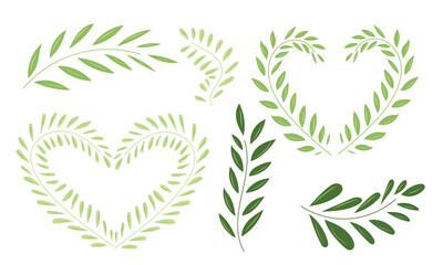 Set of floral decorative elements. Branch with leaves in green color isolated on white background. Hand drawn vector illustration in flat style. Concept of love, wedding decoration, Valentines day