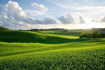 Fototapeta premium landscape featuring rolling hills under a dramatic cloudscape, vibrant sunset colors