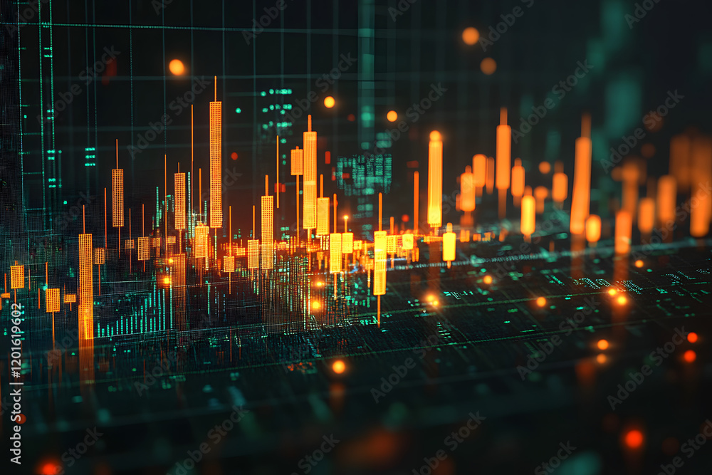 Poster financial market chart with glowing candlestick graph and data on dark background. 3d rendering