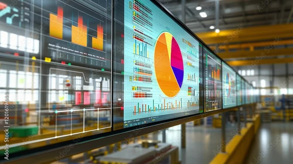 Poster multiple screens displaying key performance indicators and pie charts are updating in a modern facto