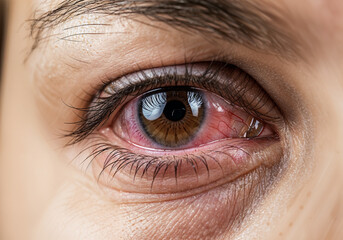 Red irritated eye, experiencing discomfort and inflammation, indicating possible conjunctivitis or other eye infection