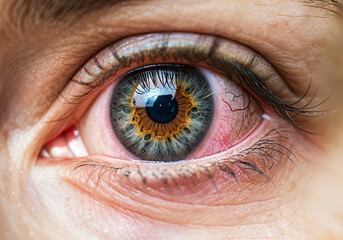 Close-up of irritated red eye showing capillaries and blood vessels, possible conjunctivitis or other disease