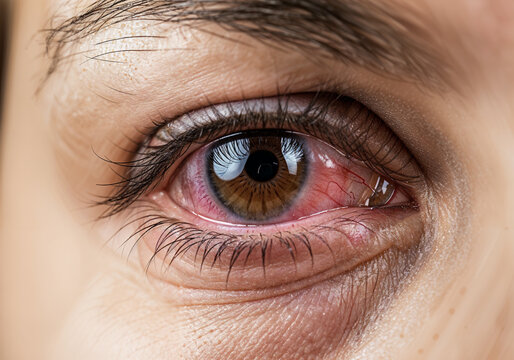 Red irritated eye, experiencing discomfort and inflammation, indicating possible conjunctivitis or other eye infection