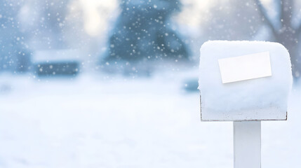 Fototapeta premium Snowy mailbox with blank card in a soft winter landscape, perfect for personalized holiday greetings or seasonal advertisements. Selective focus