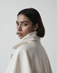 Cream Coat Fashion Model Back View Minimalist Style