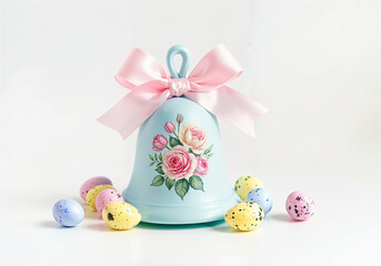 Pastel-colored easter eggs surrounding a decorative bell with pink ribbon and floral design, celebrating spring and easter traditions